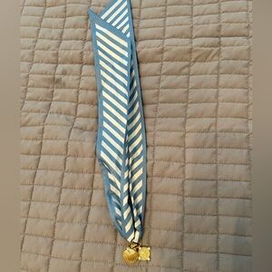 Striped Blue and Cream Scarf Necklace with Shell Charms